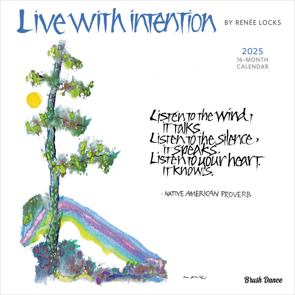 Live with Intention | 2025 12 x 24 Inch Monthly Square Wall Calendar | Featuring the Artwork of Renee Locks | Plastic-Free | Brush Dance | Art Paintings Inspiration Motivation