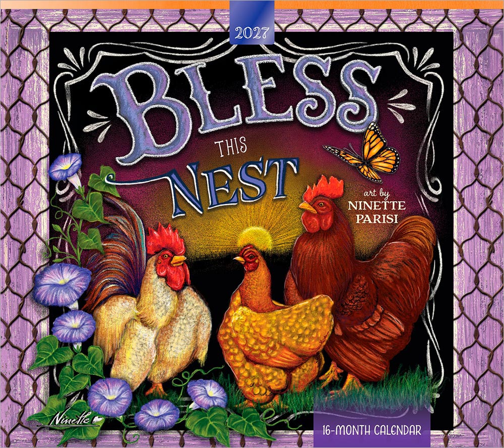 Bless This Nest | 2027 13.75 x 24 Inch (Hanging) Monthly Deluxe Wall Calendar | Featuring the Artwork of Ninette Parisi | Linen Envelope | Foil Stamped Cover | Brush Dance | Chalkboard Style Artwork